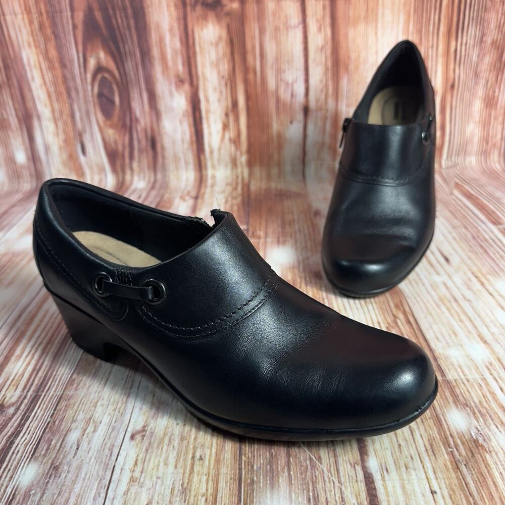 Clarks GENETTE DANBY Size 10 Black Leather Block Heel Ankle Booties Boots Shoes